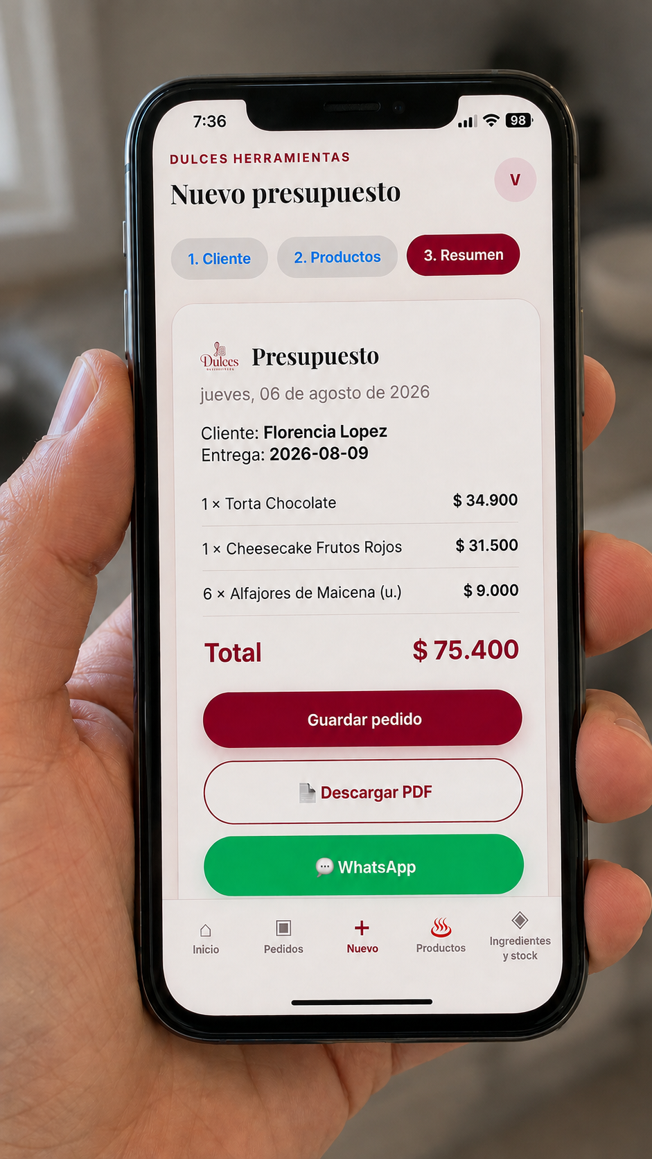 Después: presupuesto profesional armado en la app