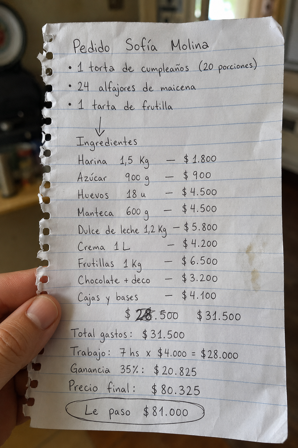 Antes: cálculo de precio a mano en un papel