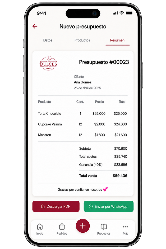 Presupuesto listo para PDF y WhatsApp en Dulces Herramientas